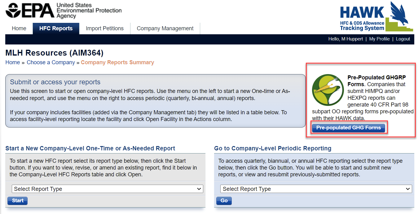 Image of the EPA website's MLH resources, under HFC Reports.
